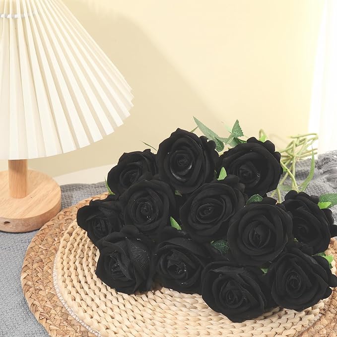 50Pcs Black Roses Artificial Flowers Fake Rose Faux Velvet Silk Flowers for Home Wedding Decoration (Pearl Roses, Pure Black)