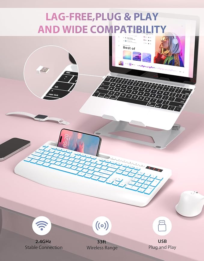 Trueque Wireless Keyboard with 7 Colored Backlits, Phone Holder, Wrist Rest, Rechargeable Ergonomic Keyboard with Silent Light Up Keys, Cordless Computer Keyboard for Windows, Mac, Laptop - (White)