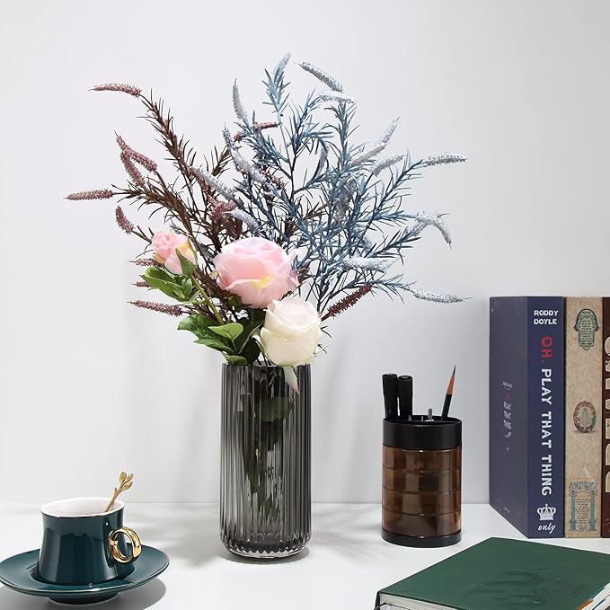 Small Cylinder Ribbed Grey Glass Flower Vase for Farmhouse Dining Table Centerpieces Decor