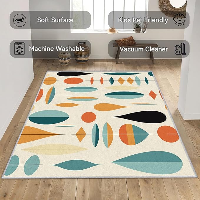 Mid Century Modern Rug 5x6, Washable Geometric Rugs for Living Room Bedroom, Retro Area Rug for Home Decor, Non Slip Backing Floor Carpet with Gripper - 5 x 6 ft
