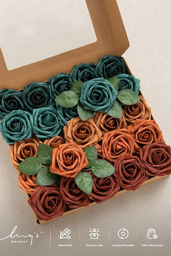 Ling's moment Artificial Flowers, 25Pcs 3" Roses in Teal Shades, Realistic DIY Foam Floral Decor for Wedding Bouquets/Centerpieces, Outdoor Party Backdrops, Room/Table, and Garden/Pot Decorations