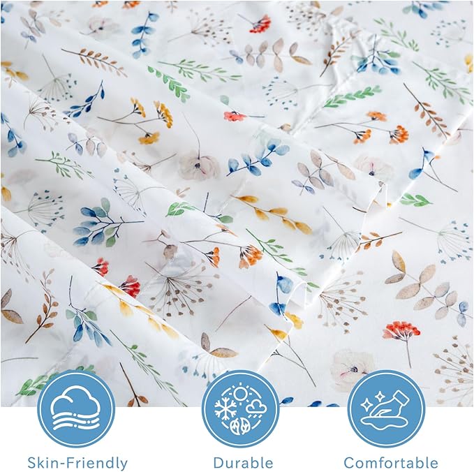 Bedlifes Queen Size Extra Deep Pocket Sheet Sets - Fits Mattresses Up to 18-24" Thick, 4-Piece Microfiber Set with 1800 Thread Count, Soft, Smooth, Breathable, Featuring White Floral
