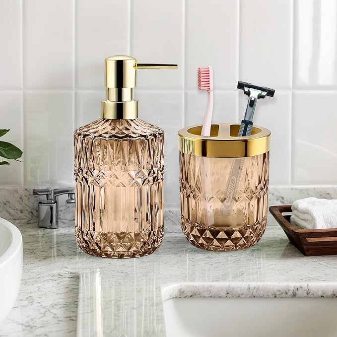 2Pcs Brown Bathroom Accessories Set, Glass Bathroom Accessories, Vintage Bathroom Countertop Decoration Includes Soap Dispenser, Toothbrush Holder