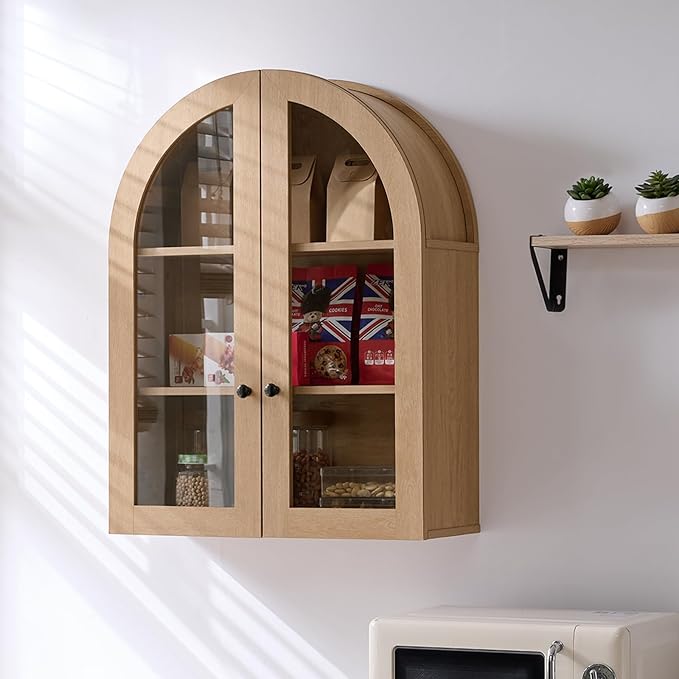 Bathroom Arched Wall Cabinet Over The Toilet Storage Cabinet, 23.5×31.4 Inch bathroom cabinet wall mount with Glass Doors & Adjustable Shelves, Wood Cabinet for Laundry Room, Bedroom Kitchen,Natural