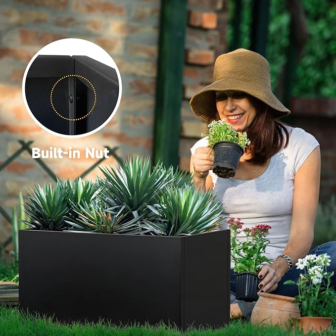 Galvanized Steel Planter Black Metal Outdoor Planter Powder Coated 32" x 12" x 16" Pot Metallic Heavy Pot Indoor & Outdoor, Commercial & Residential (L32 x W12 x D16, Black)