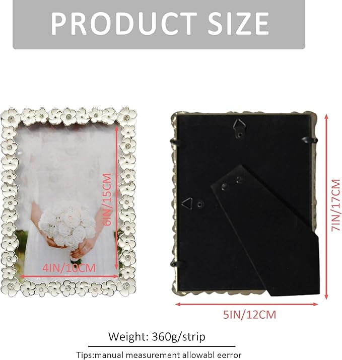Vintage Floral Metal 4X6 Picture Frame with Enamel Finis Glass Front - Ornate Antique White Flowers Photo Frame Tabletop/Wall Display Gifts for Women Wedding
