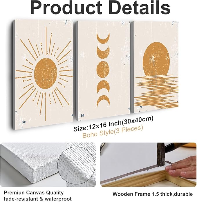 Boho Wall Art Abstract Sunshine Prints Pictures Minimalist Moon Phase Wall Decor Geometric Mid Century Sunset Canvas Paintings Artwork for Bathroom Office Living Room Bedroom Home Decoration 12x16"