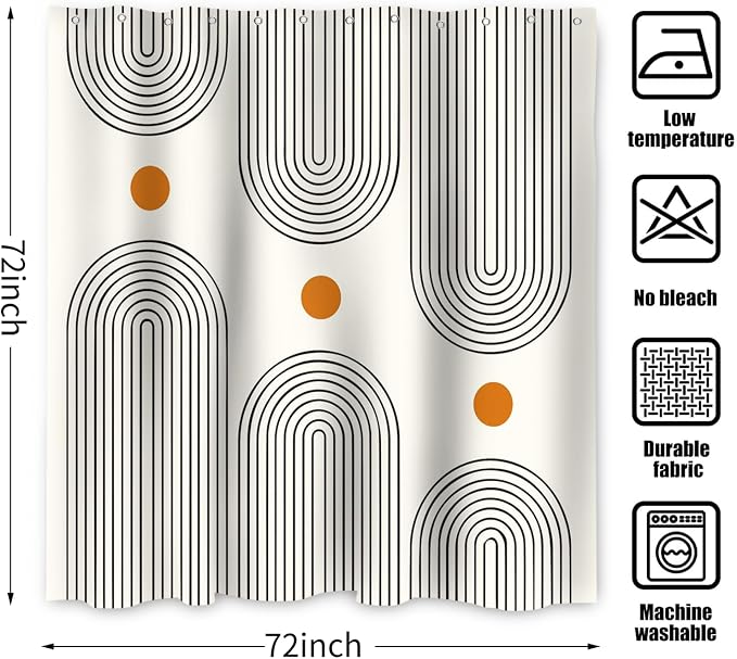 Boho Mid Century Shower Curtain, Modern Abstract Arch Sun Ivory Machine Washable Waterproof Polyester for Bathroom Decor Bathtub with 12 Hooks 72x72