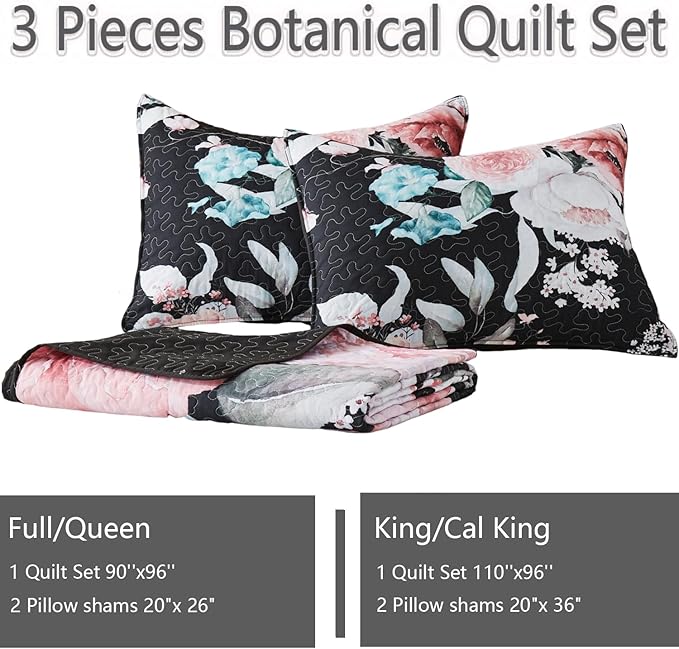 Yogeneg Full Queen Size Quilt Set, Pink Floral Botanical Pattern Black Bedding Set,3 Piece Lightweight Soft Summer Bedspread Coverlet with 2 PIillow Sham for All Season(Pink Floral,90"x96")