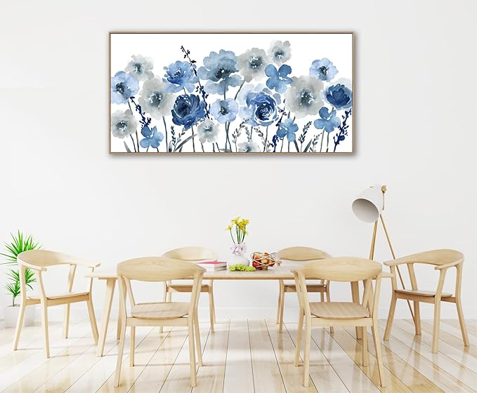 Framed Flowers Canvas Wall Art - Indigo Floral Canvas Pictures Living Room Wall Decor Botanical Canvas Prints Painting Abstract Artwork Bedroom Office Home Decor 24"x 48"