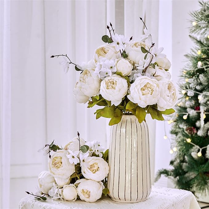 Fule 2 Pack Large Artificial Peony Silk Flower Bouquets Arrangement Wedding Centerpieces (Cream White)
