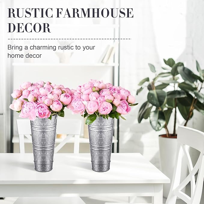 Zhehao 12 PCS 12 Inch Galvanized Metal Vase with Handles Bulk Tin Flower Buckets Galvanized Vases for Flowers Country Wedding Table Centerpieces Metal Flower Buckets for Wedding Home(Matte Silver)
