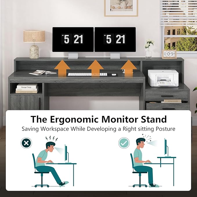 Executive Computer Desk with 3 Drawers & Storage Shelves, 65 Inch Home Office Desk with File Drawer & Cabinet, Writing Study Desks with Monitor Stand & Printer Shelf, Dark Grey
