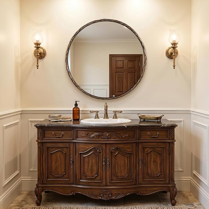 ANDY STAR Hand-Forged Bronze Round Bathroom Mirror, 32 Inch Antique Oil Rubbed Bronze Circular Mirror, Solid Steel Hammered Frame, for Wall Decor, Vanity, Entry, Fireplace, Mantle