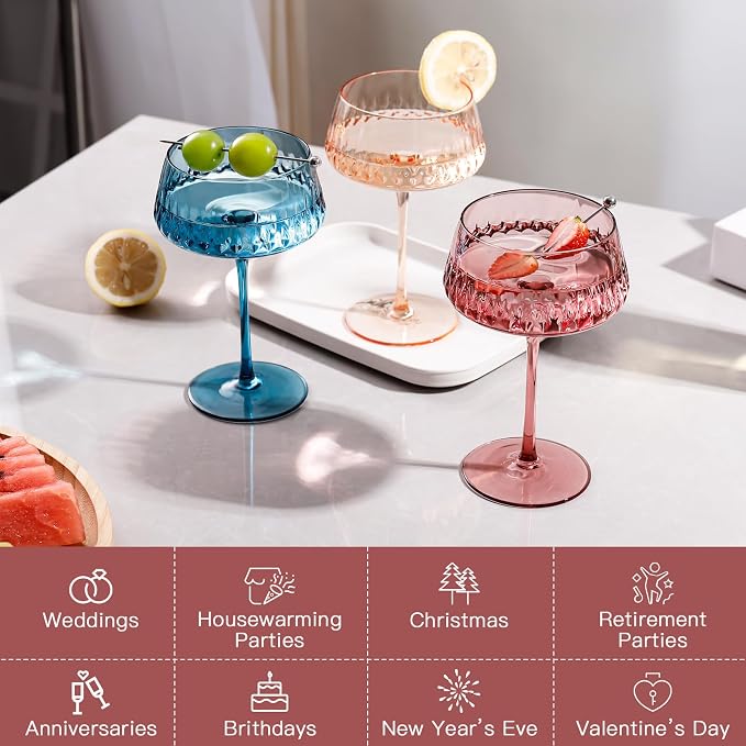 JOVGANK Colored Martini Set of 6, Hand Blown Colorful Cocktail Glasses 14Oz, Vintage Champagne Coupe, Large Margarita, Crystal Retro Style Bar Drinking, Multicolor