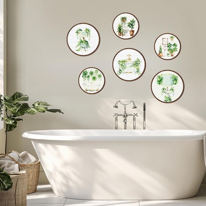 TOARTi 6pcs Minimalist Botanical Bathroom Wall Art Set(9.9”x3/7.9”x3) Round Sage Green Plant Wall Hanging Farmhouse Plant Toilet Wooden Sign Sage Botanical Wall Decor for Washroom Toilet