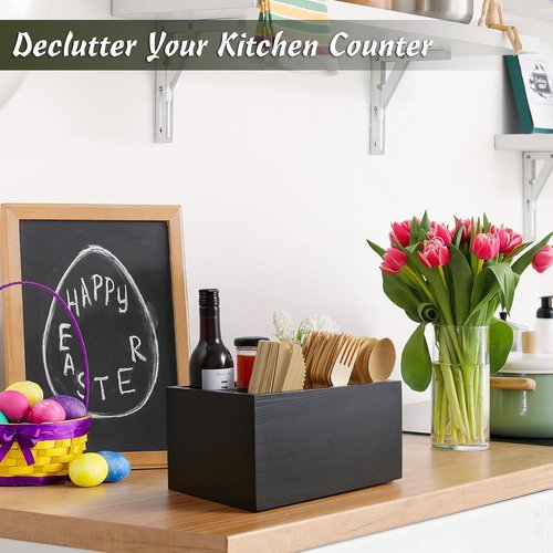 DRASTAR Silverware Caddy - Wooden Utensil Holder for Picnics & Parties | Black Plastic Design