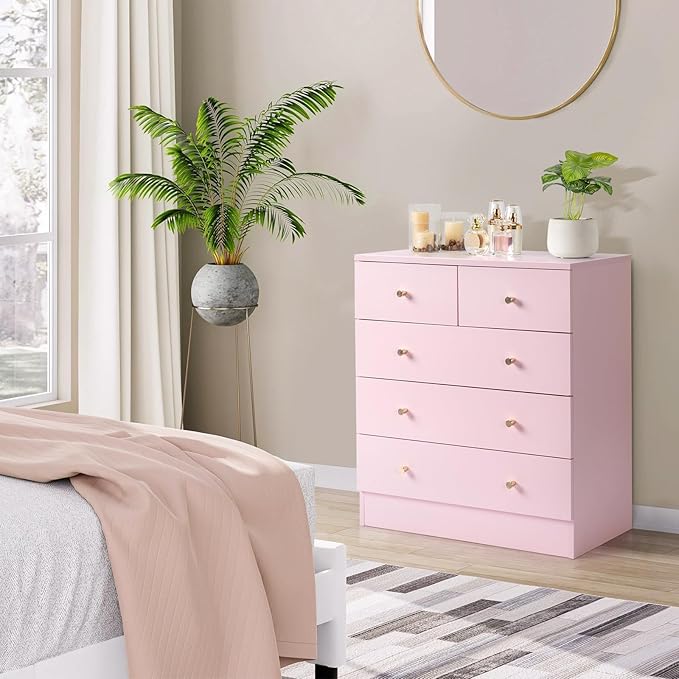Karl home Pink 5 Drawer Dresser for Bedroom, Modern Wood Dresser Chest of Drawers, Pink Bedroom Dressers for Girls, Anti-Tipping Device, Rose Gold Metal Handle, Living Room, Entryway, Hallway, Office