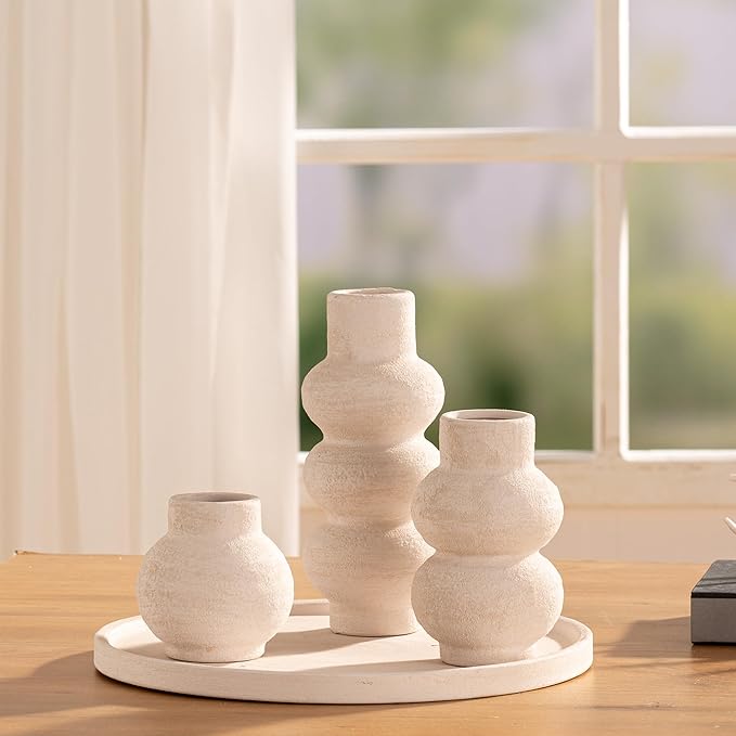 Ceramic Vase Home Table Decor - White Flower Vase Set of 3 Living Room Kitchen Decorations Farmhouse Modern Rustic Vases Decorative Centerpiece for Shelf Bedroom Office Bathroom Dining Coffee Desk