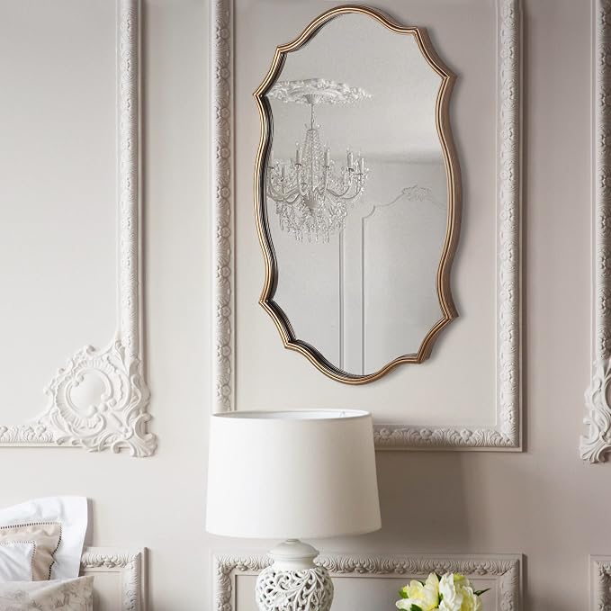 Wall Mirror with Metal Frame, 24" x 36" Antique Gold Ornate Vanity Mirror, Large Hanging Vintage Decorative Mirror for Bathroom, Entryway, Bedroom, Living Room