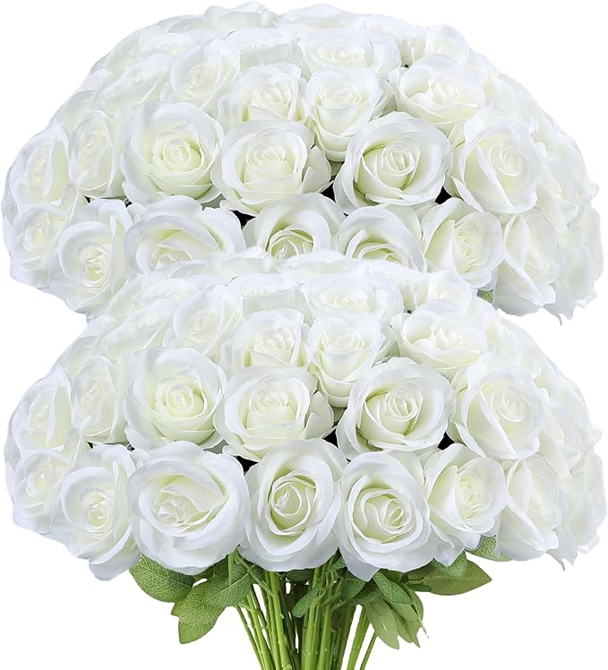 Artificial Rose Flower Artificial Flowers Flower with Long Stem Silk Roses Bouquet for Wedding Bridal Shower Party Home Decoration (White, 50 Pcs)