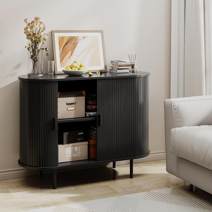 Buffet Sideboard Cabinet with Storage, 40" Fluted Cabinet with Sliding Door & Adjustable Shelf, Modern Accent Coffee Bar Console Table for Kitchen, Entryway, Black