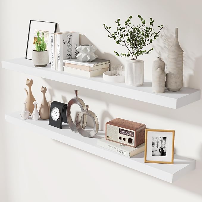 fuqing White Floating Shelves 48 Inch Set of 2, Solid Wood Wall Mounted Shelves 48 Inches Long, Modern Floating Shelves for Bedroom Living Room Bathroom - White