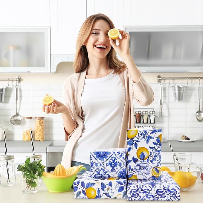 JarThenaAMCS 12 Sheet Chinoiserie Lemons Wrapping Paper -Not Roll- Watercolor Blue Tiles Lemon Gift Wrap Paper Folded Flat Art Paper for DIY Crafts Gift Wrapping, 19.7 x 27.6 Inch