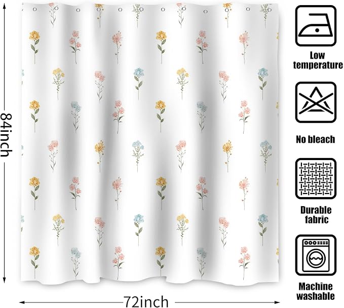 Floral Extra Long Shower Curtain, Wildflower Botanical Plant Leaves Cute Flower Spring Herbs Elegant Waterproof Fabric Machine Washable for Bathroom Bathtub Decor with Hooks 72Wx84H