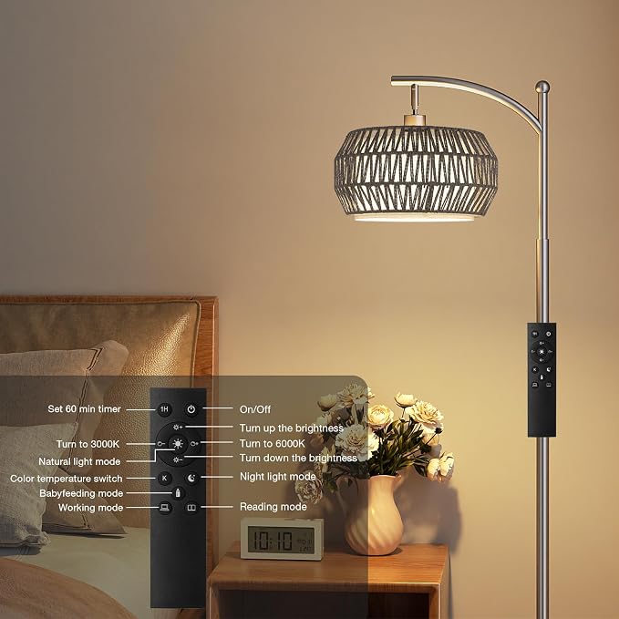 Ambimall Arc Floor Lamp for Living Room with Remote, Color Temperature & Brightness Adjustable, Bohemia Standing Lamp with Rattan & Fabric Double Drum Shades, Bulb Included(Deep Gray)