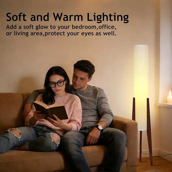 Wabi-sabi 50" Wooden Tripod Floor Lamp Linen Floor Lamp Paper Lantern Inspired Fabric Standing Lamp With E26 3-Color Temperatures Solid Wood Tall Light For Living Room Bedroom (Includes Bulb)