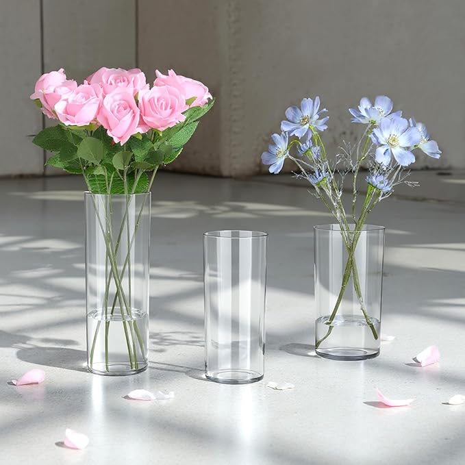 3 Packs Acrylic Cylinder Vases Clear Plastic Flower Vase for Plants Bouquet, Tall Large Plastic Vases Base Vase for Wedding Centerpieces Flower Bouquet Home Decor(8"+10"+12")