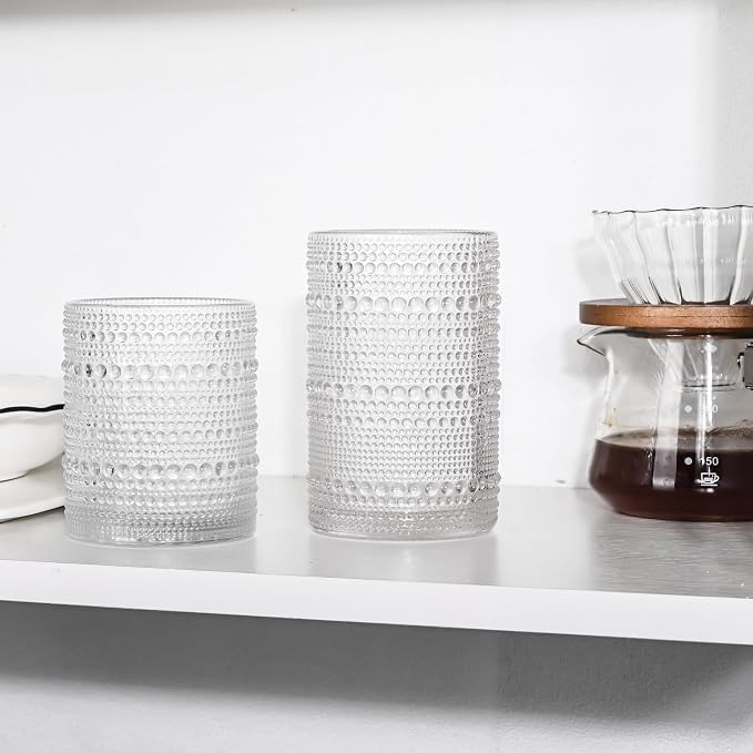 Vintage Hobnail Drinking Glasses Set of 8, 15 oz Highball Glasses & 12 oz Cocktail Glasses, Drinkware Kitchen Glasses for Cocktail, Iced Coffee, Beer, Ice Tea, Wine, Whiskey, Water