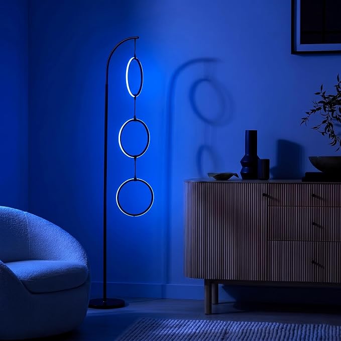 Brightech Nova Modern Color Changing Floor Lamp - LED Lamp with Stunning RGB Color Gradient and Contemporary 3-Circle Ring-Style Pendant - Corner or Over-The-Couch Arching Pole Standing Lamp - Black