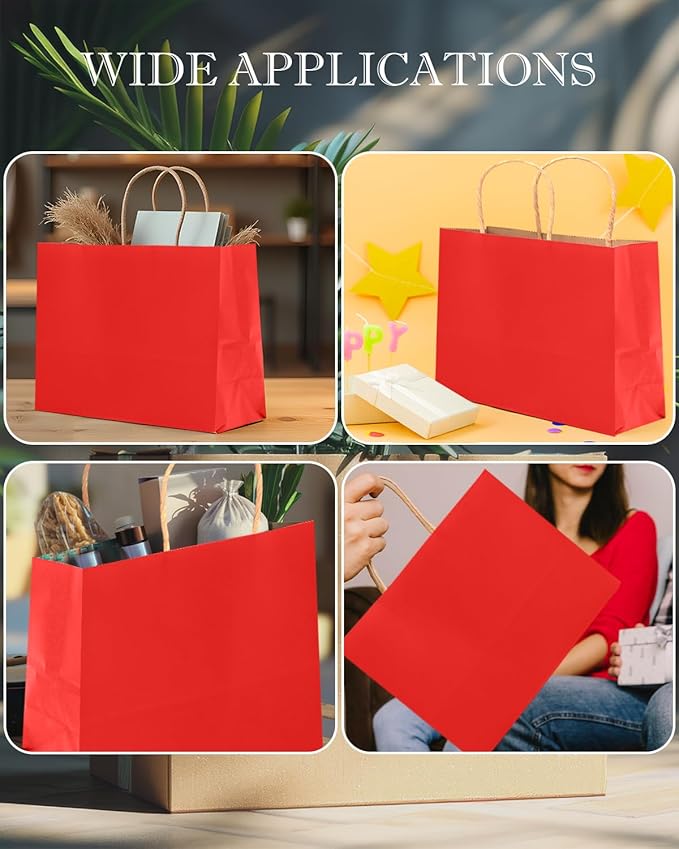 qiqee 13"x4.5"x10" Large Gift Bag with Handles Bulk 32PCS Gift Paper Bags Wine Red Bags Multiple Uses (Wide Large)