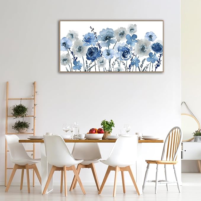 Framed Flowers Canvas Wall Art - Indigo Floral Canvas Pictures Living Room Wall Decor Botanical Canvas Prints Painting Abstract Artwork Bedroom Office Home Decor 20"x 40"