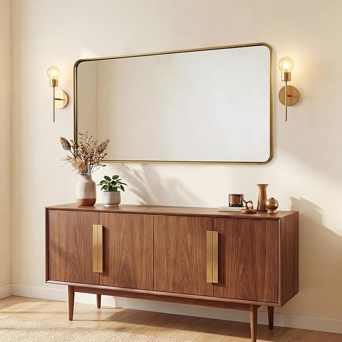 ANDY STAR 24x48’’ Gold Bathroom Mirror, Brushed Brass Mirrors for Bathroom Sink, Rounded Rectangle Mirrors Oblong, Rustproof Tube Metal Framed, 1’’ Deep Wall Mounted Vertical/Horizontal, Home Remodel