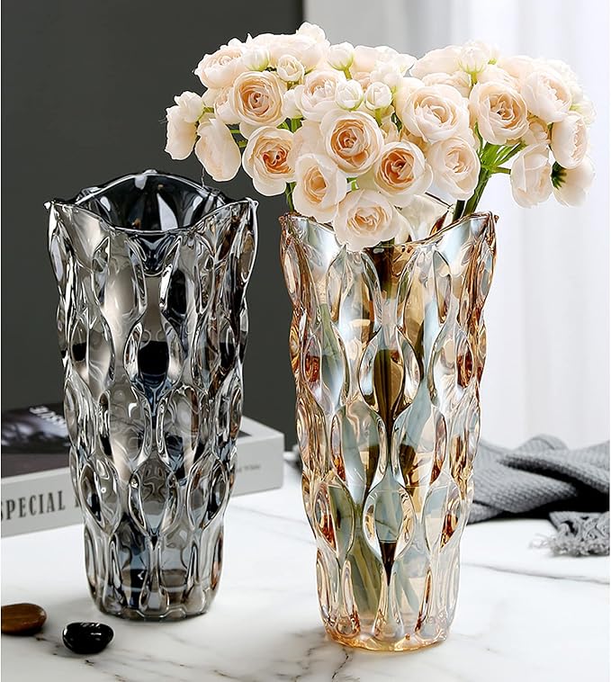 9.85" High Gray Glass Flower Vase for Home Decor, Dining Wedding Table Office Holiday Party Centerpiece Decoration