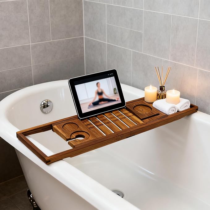 Utoplike Teak Bathtub Caddy Tray Bath Tray for Tub, Unique Bathtub Organizer with Book Tablet Wine Glass Cup Towel Holder, Adjustable, for Your Loved