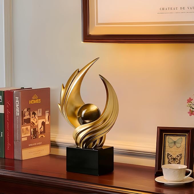 Modern Art Statue Decor, Abstract Swirl-Shaped Sculpture with Glass Ball Resin Art Figurines Centerpiece Sculptures for Home Decor Living Room Stand Coffee Table Office Bookshelf Decoration (gold)