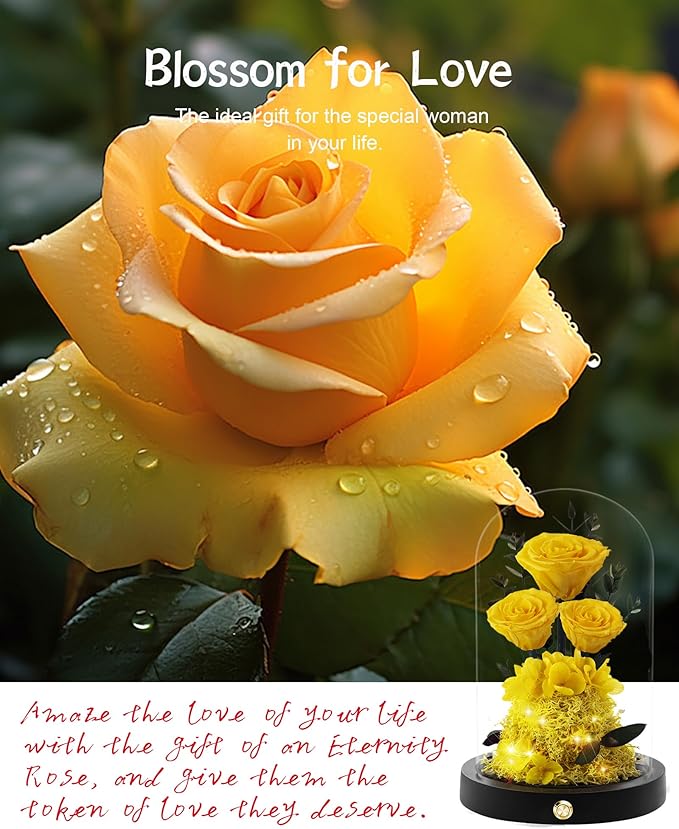 Christmas Flowers Roses Gifts for Mom,Forever Real Preserved Roses in Glass Dome,Christmas Anniversary Thanksgiving Gifts for Wife Girlfriend Women Best Friend Grandma/Yellow Rose