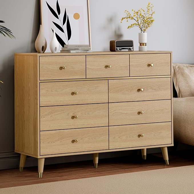 9 Drawer Dresser,47" Wide Mid Century Modern Chest of Drawers,Wooden Bedroom Drawer Dresser with 9 Storage Drawers for Bedroom, Living Room,with Anti-Tipping Device,Yellow