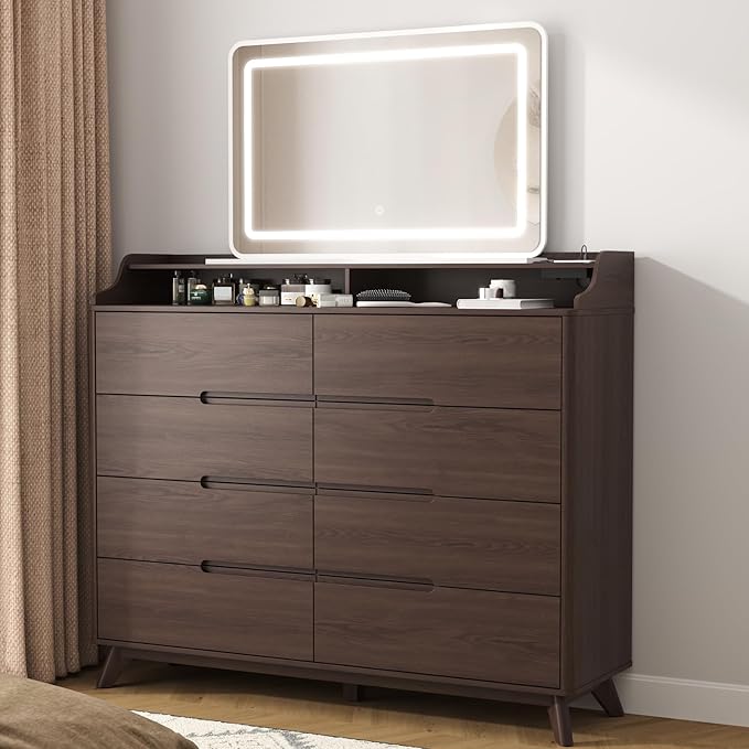 Dresser for Bedroom with 8 Drawers, 55" Large Dresser & Chest of Drawers with Charging Station, Wood Closet Clothes Storage Tall Dressers Organizer for Bedroom Living Room Hallway, Brown