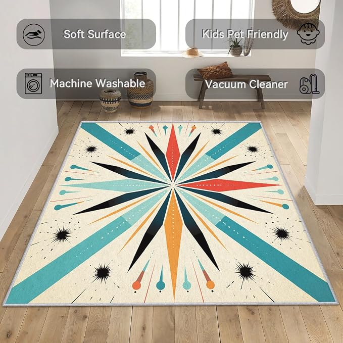 Mid Century Modern Rug 6x9, Washable Retro Sun Rugs for Living Room Bedroom, Atomic Geometric Area Rug for Home Decor, Non Slip Backing Floor Carpet with Gripper - 6 x 9 ft