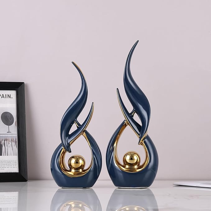 2 PCS Blue Gold Ceramic Statues For Home Decor Accents, Modern Abstract Art Sculptures, Elegant Tabletop Decorative Objects For Dining Room, Entryway, Tv Stand, Mantel, Coffee Table Centerpieces