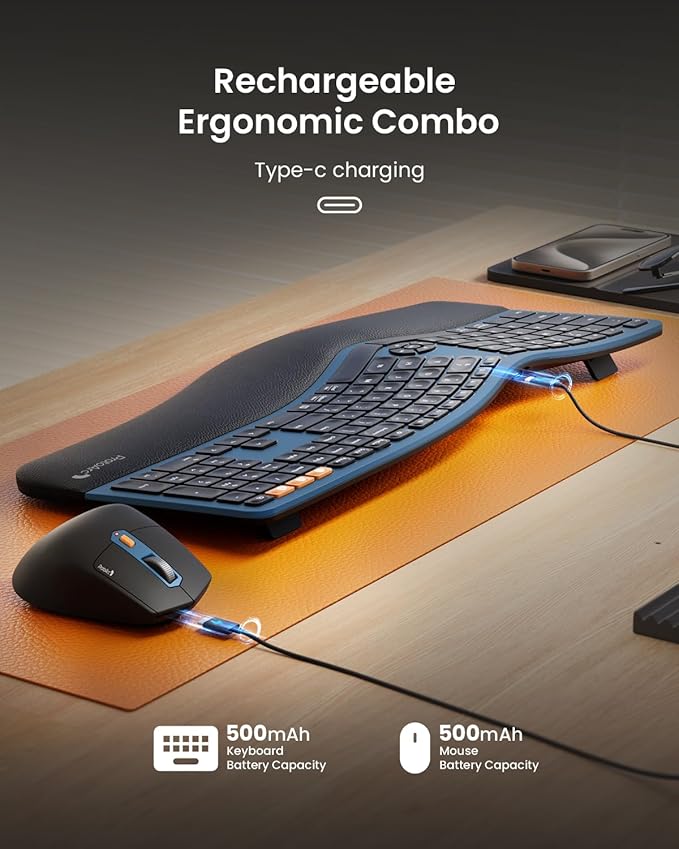 ProtoArc Ergonomic Wireless Keyboard Mouse, EKM01 Plus Full Size Ergo Bluetooth Keyboard Mouse Combo, Split Design, Wrist Rest, Multi-Device, Rechargeable, for Windows/Mac OS - Blue