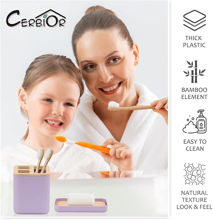 CERBIOR Bathroom Accessories Set 6 Piece Bamboo Bath Ensemble Includes Soap Dispenser, Toothbrush Holder, Toothbrush Cup, Soap Dish for Decorative Countertop and Housewarming Gift (Purple)