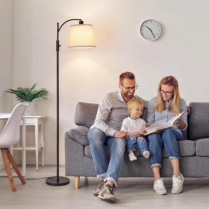 AIDENOEY Fully Dimmable Floor Lamp for Living Room,Standing Lamp Rotary Switch with Linen Beige Shade,Black Tall Lamps for Bedroom with Adjust Head,9W LED Bulb Included