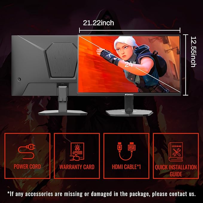 SANSUI Gaming Monitor, 24 Inch 200Hz 180Hz, FHD 1080P 1ms 110% sRGB Computer Monitor, HDMI DP Ports VESA Support for Game Office (HDMI Cable Included)