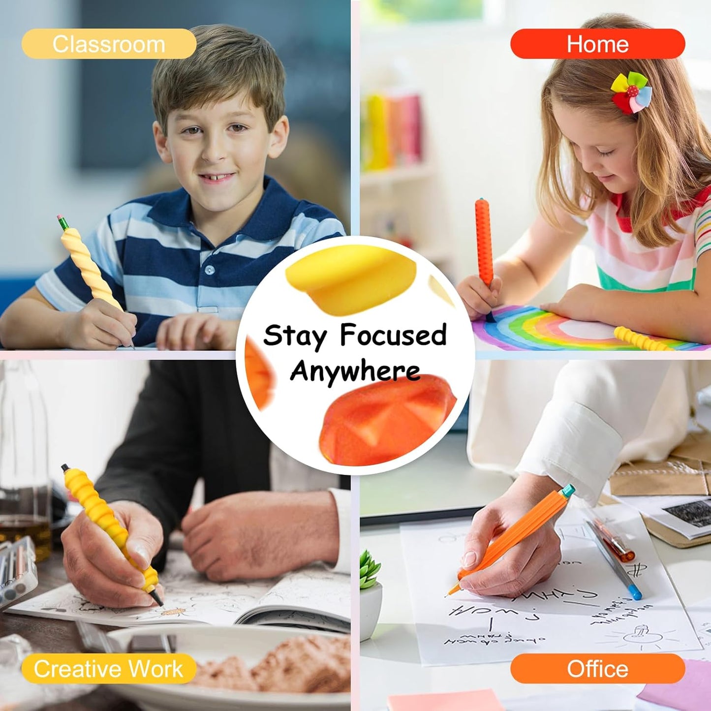 Skiennix Pencil Grips - 4-Pack Textured Silicone Sleeves for Mechanical Pencils | Sensory Fidget Tool for Kids & Adults (Yellow)